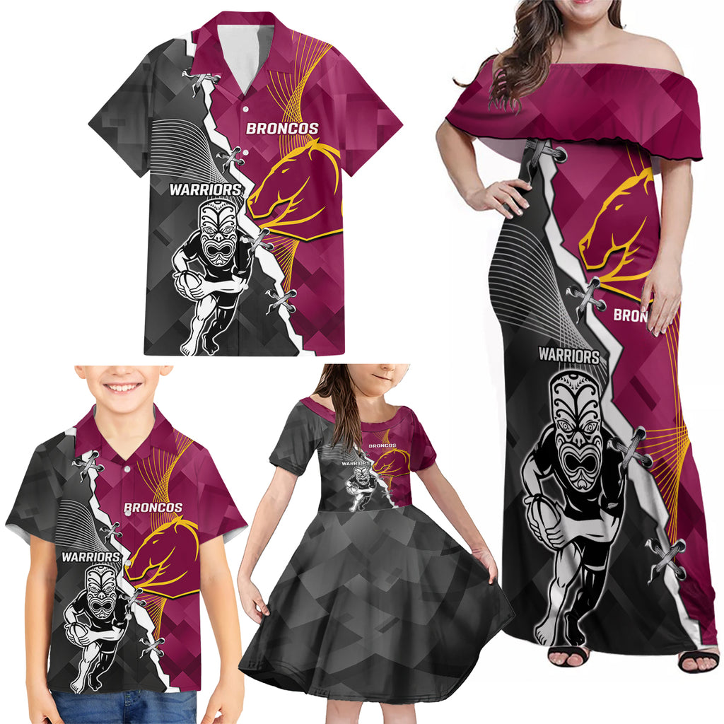 personalised-warriors-and-broncos-rugby-family-matching-off-shoulder-maxi-dress-and-hawaiian-shirt-2023-together-sporty-style