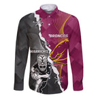 personalised-warriors-and-broncos-rugby-family-matching-off-shoulder-maxi-dress-and-hawaiian-shirt-2023-together-sporty-style