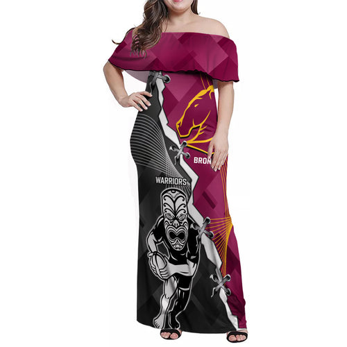 personalised-warriors-and-broncos-rugby-family-matching-off-shoulder-maxi-dress-and-hawaiian-shirt-2023-together-sporty-style