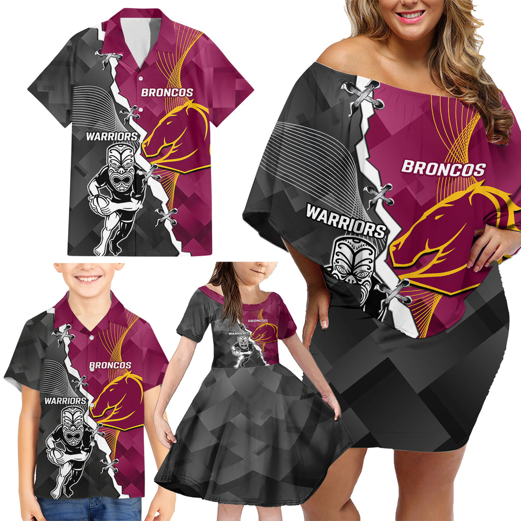 personalised-warriors-and-broncos-rugby-family-matching-off-shoulder-short-dress-and-hawaiian-shirt-2023-together-sporty-style