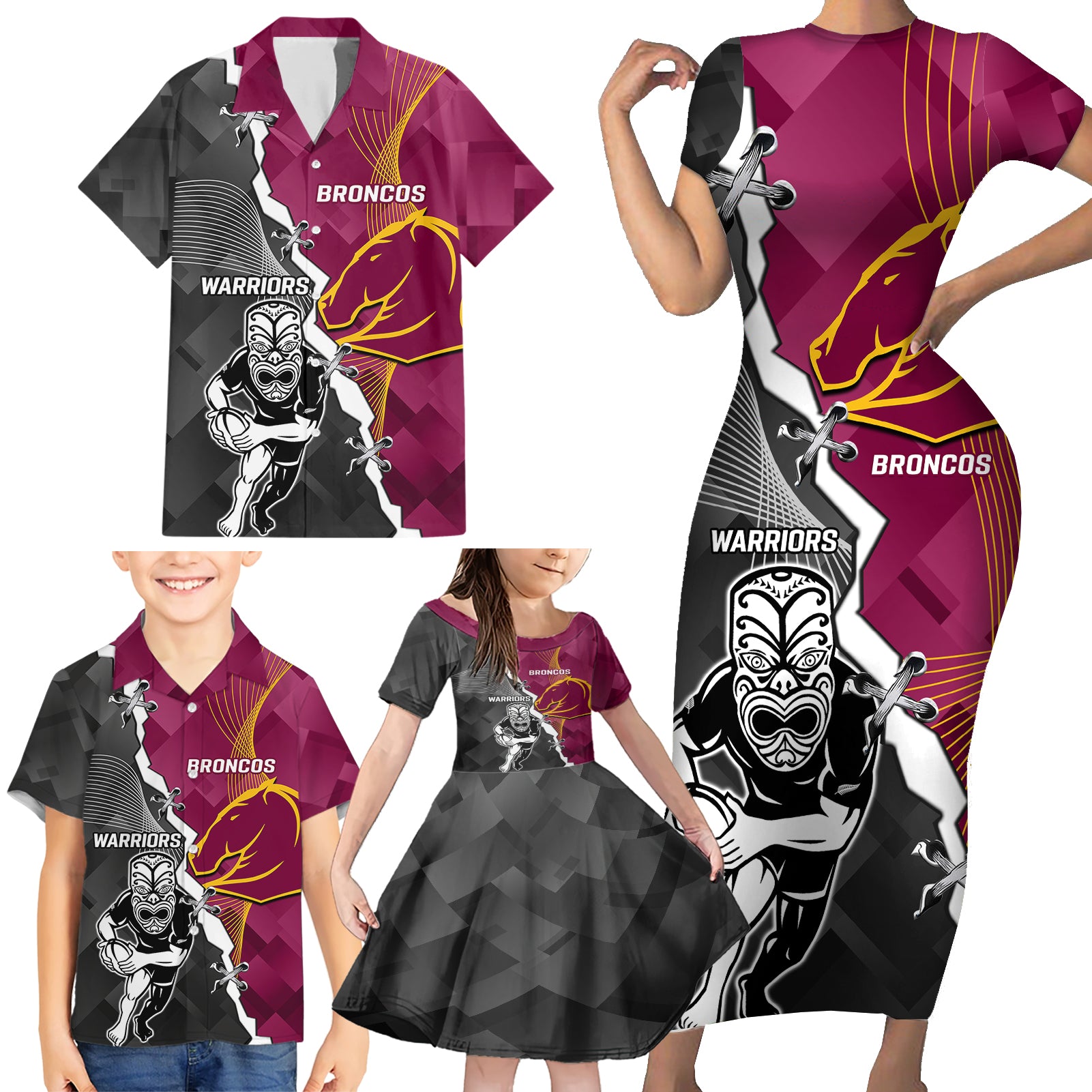 personalised-warriors-and-broncos-rugby-family-matching-short-sleeve-bodycon-dress-and-hawaiian-shirt-2023-together-sporty-style