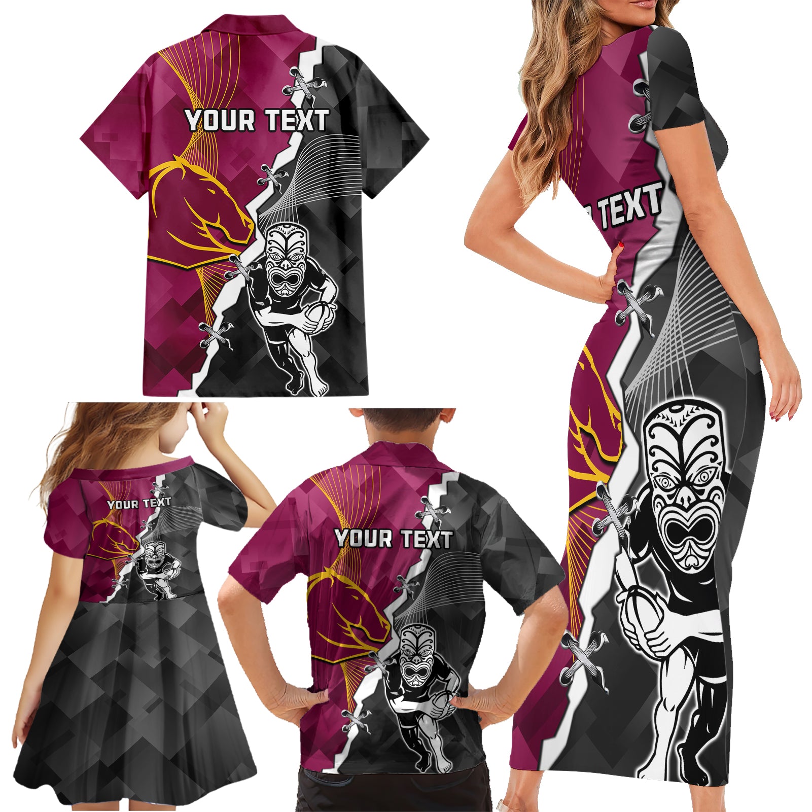 personalised-warriors-and-broncos-rugby-family-matching-short-sleeve-bodycon-dress-and-hawaiian-shirt-2023-together-sporty-style