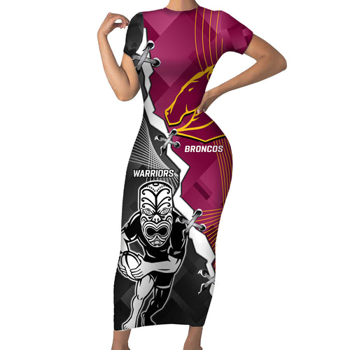 personalised-warriors-and-broncos-rugby-family-matching-short-sleeve-bodycon-dress-and-hawaiian-shirt-2023-together-sporty-style