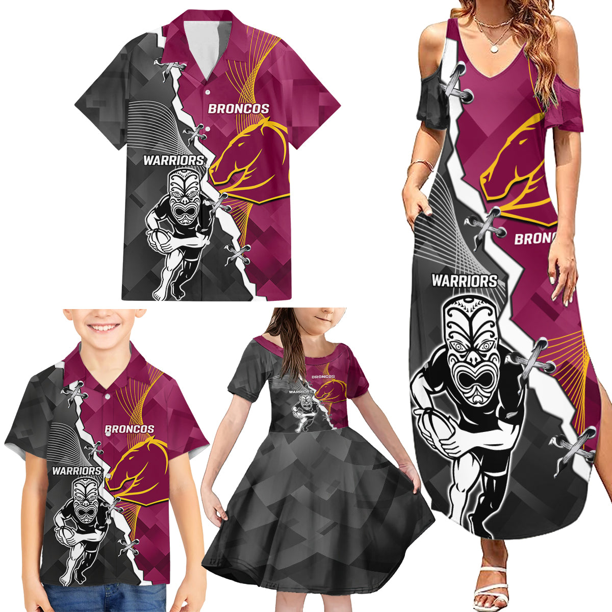 personalised-warriors-and-broncos-rugby-family-matching-summer-maxi-dress-and-hawaiian-shirt-2023-together-sporty-style
