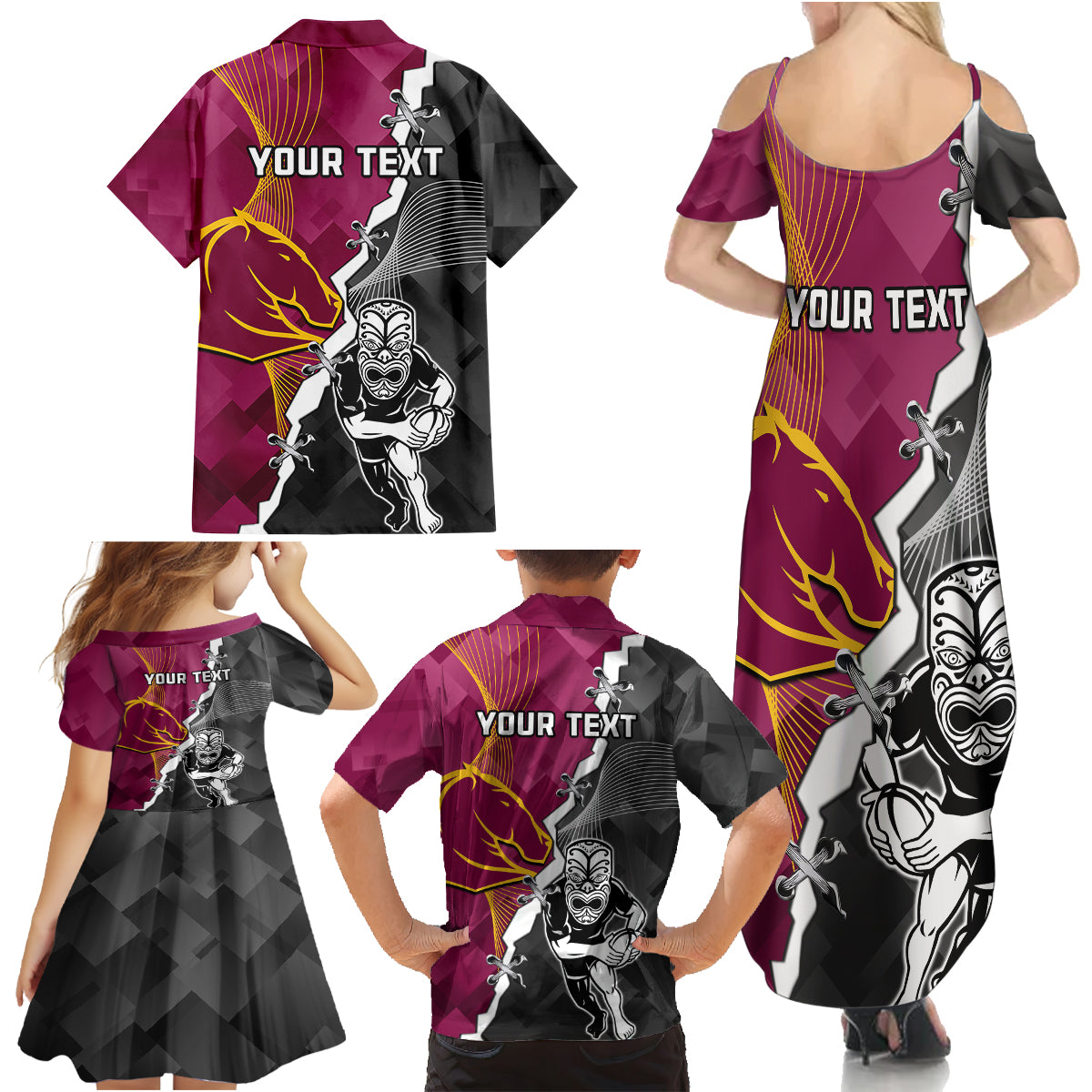 personalised-warriors-and-broncos-rugby-family-matching-summer-maxi-dress-and-hawaiian-shirt-2023-together-sporty-style