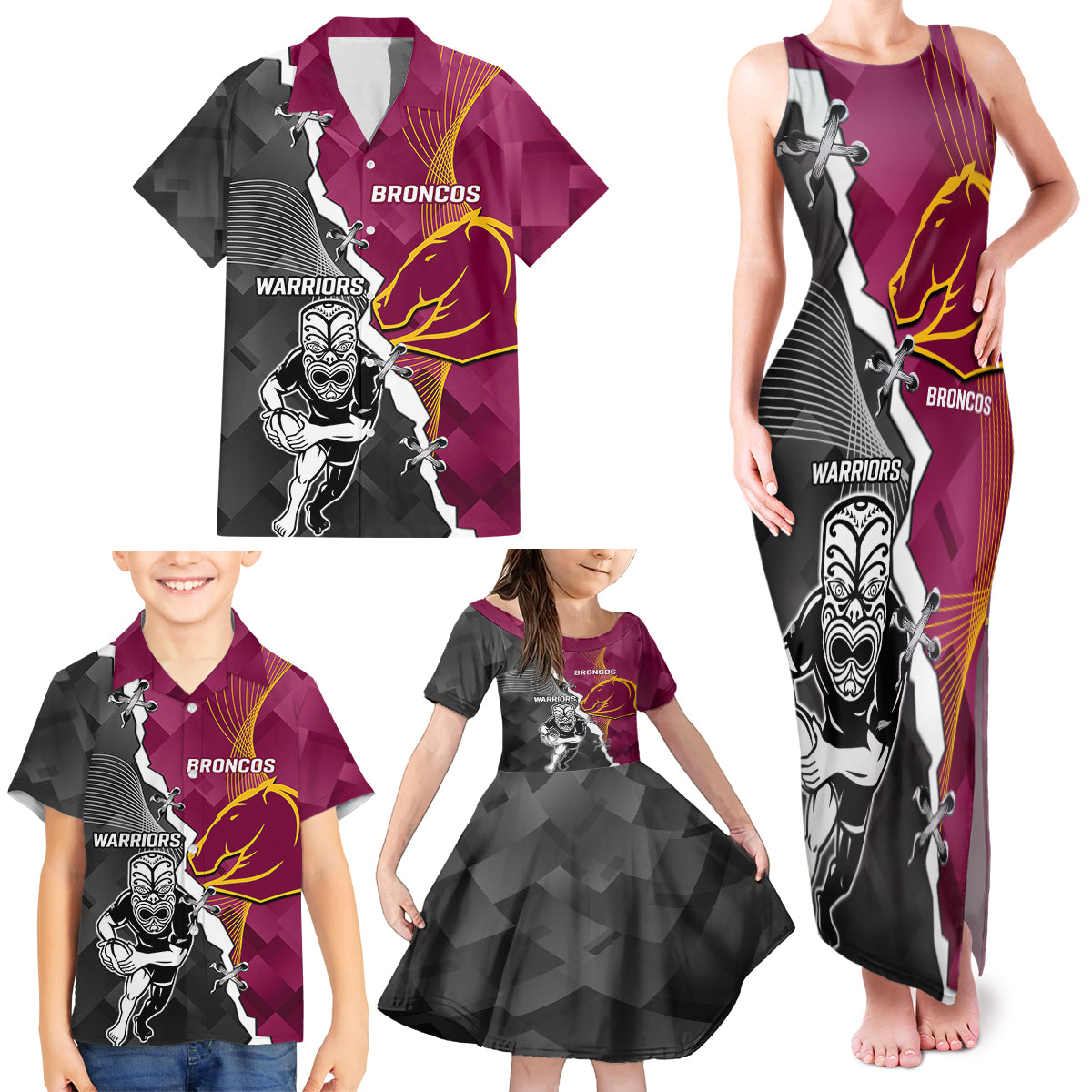 personalised-warriors-and-broncos-rugby-family-matching-tank-maxi-dress-and-hawaiian-shirt-2023-together-sporty-style