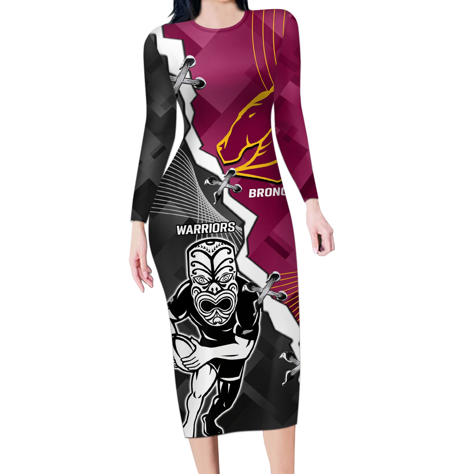 personalised-warriors-and-broncos-rugby-long-sleeve-bodycon-dress-2023-together-sporty-style