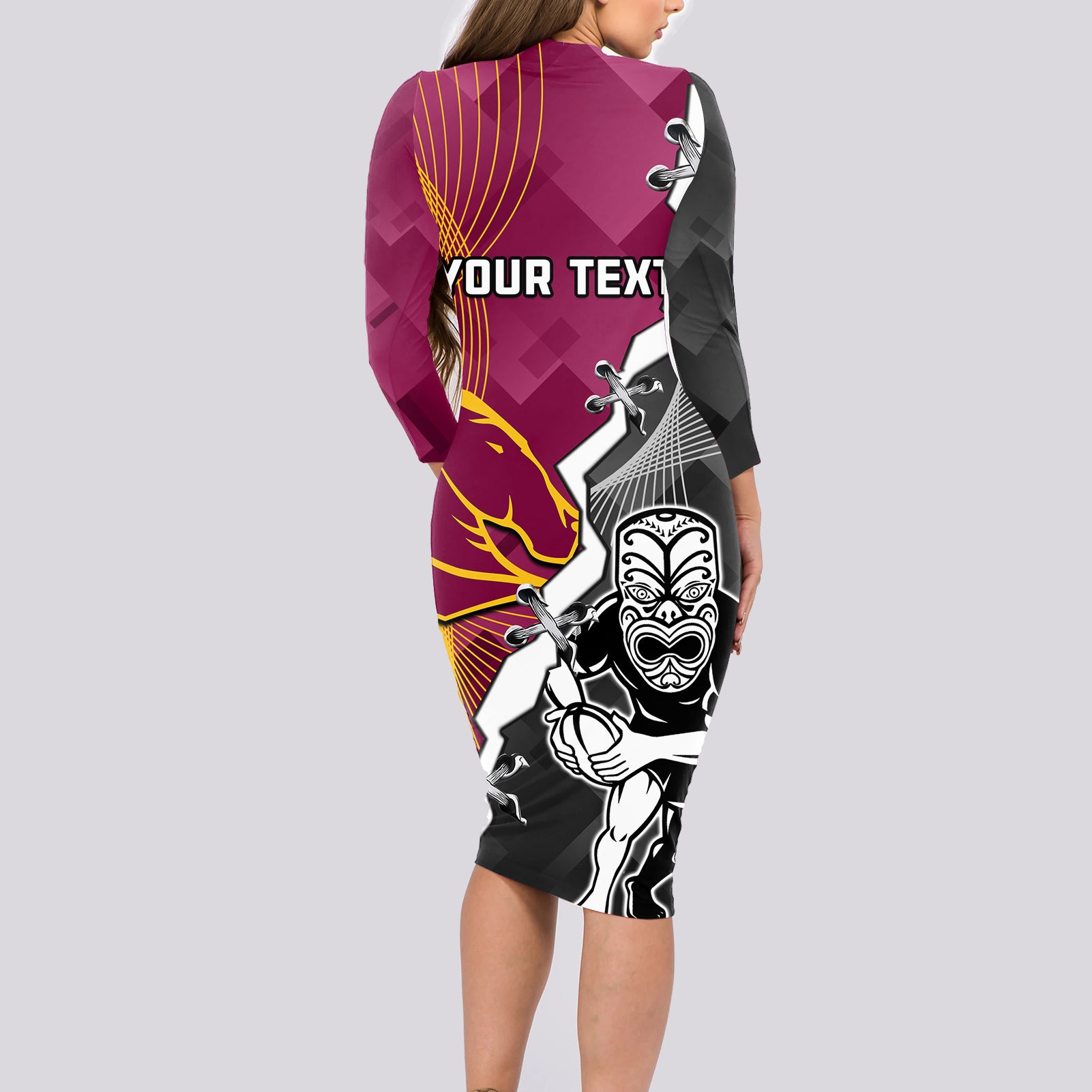 personalised-warriors-and-broncos-rugby-long-sleeve-bodycon-dress-2023-together-sporty-style