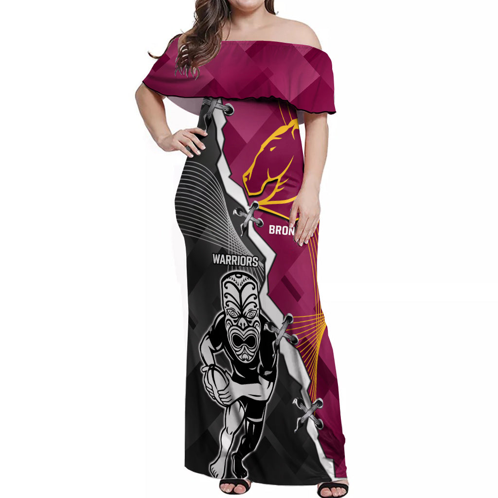 personalised-warriors-and-broncos-rugby-off-shoulder-maxi-dress-2023-together-sporty-style