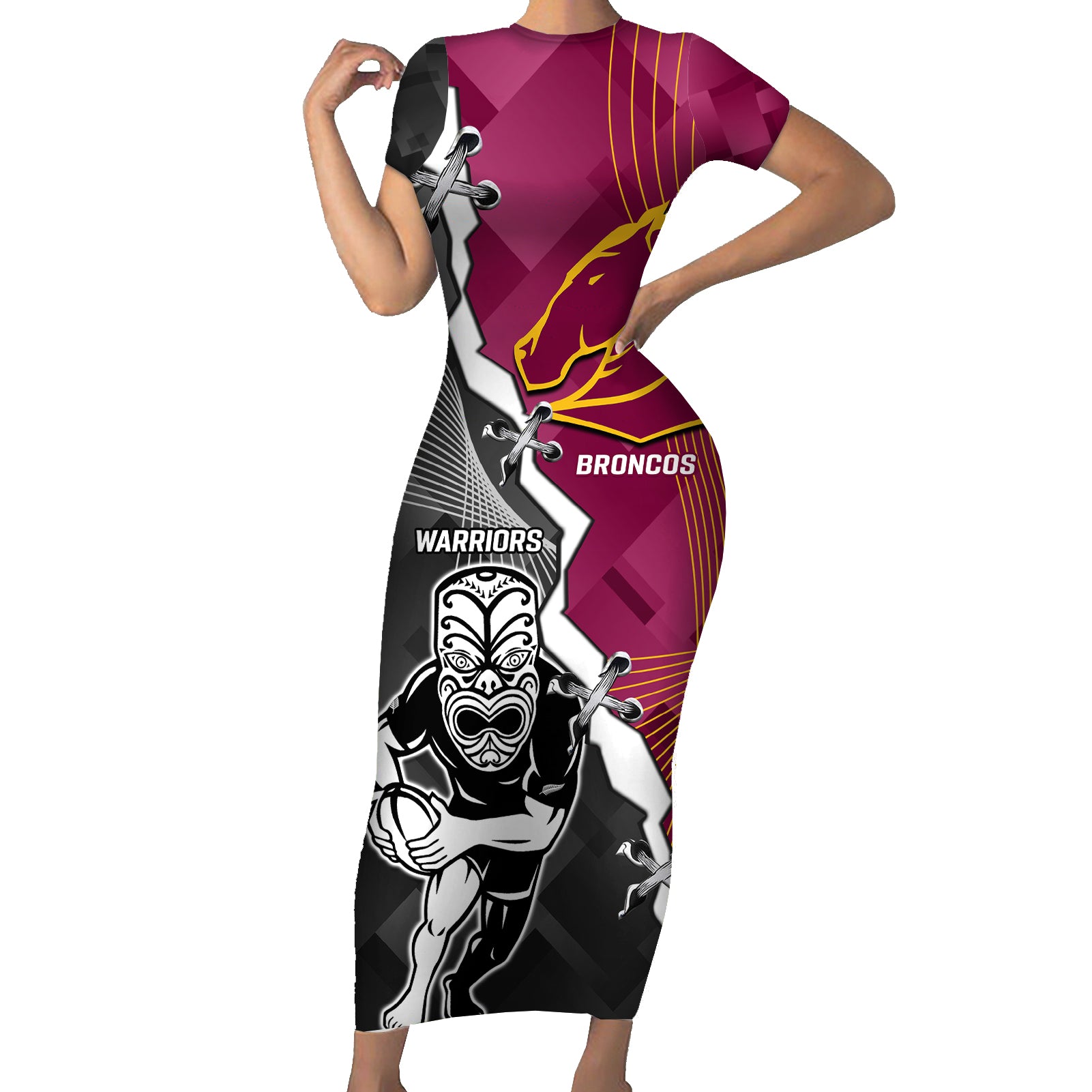 personalised-warriors-and-broncos-rugby-short-sleeve-bodycon-dress-2023-together-sporty-style