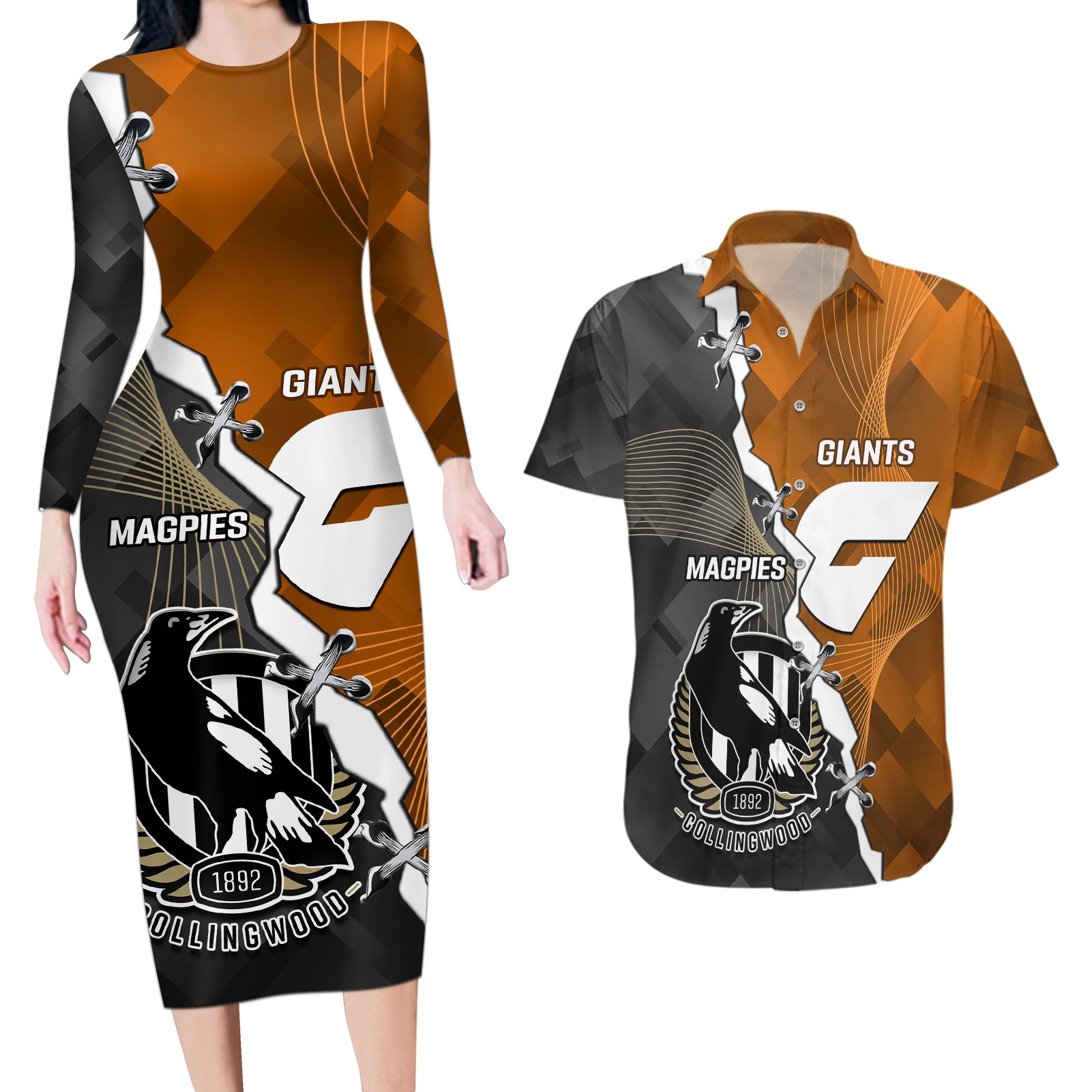 personalised-collingwood-and-giants-football-couples-matching-long-sleeve-bodycon-dress-and-hawaiian-shirt-2023-together-sporty-style
