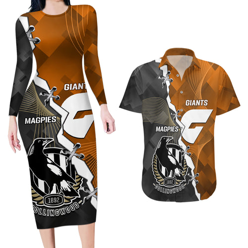 personalised-collingwood-and-giants-football-couples-matching-long-sleeve-bodycon-dress-and-hawaiian-shirt-2023-together-sporty-style