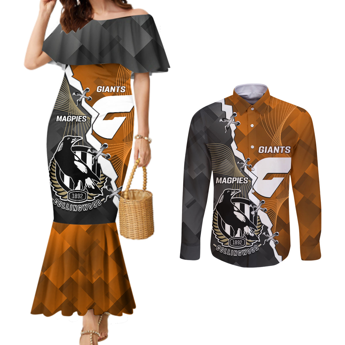 personalised-collingwood-and-giants-football-couples-matching-mermaid-dress-and-long-sleeve-button-shirts-2023-together-sporty-style
