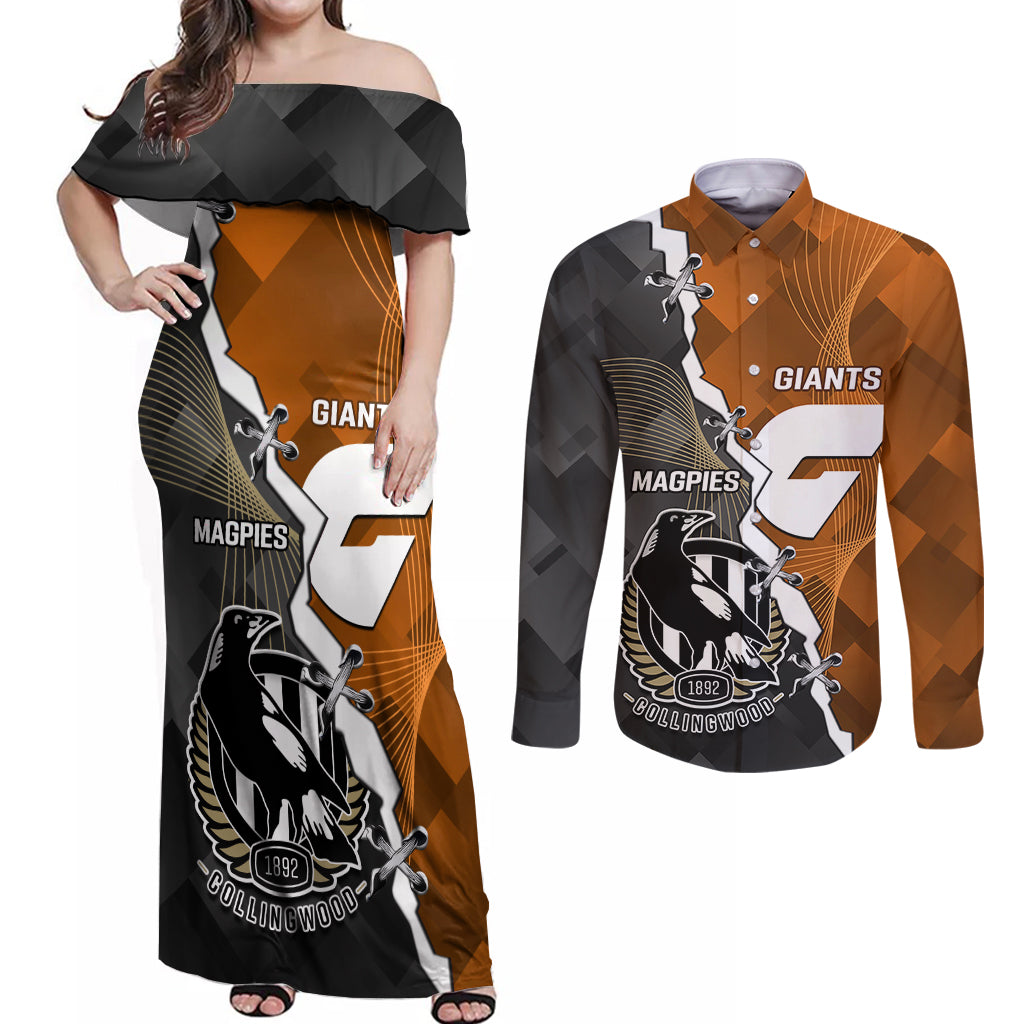 personalised-collingwood-and-giants-football-couples-matching-off-shoulder-maxi-dress-and-long-sleeve-button-shirts-2023-together-sporty-style