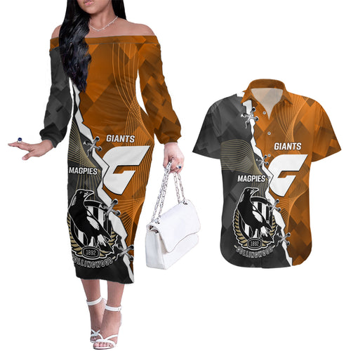 personalised-collingwood-and-giants-football-couples-matching-off-the-shoulder-long-sleeve-dress-and-hawaiian-shirt-2023-together-sporty-style