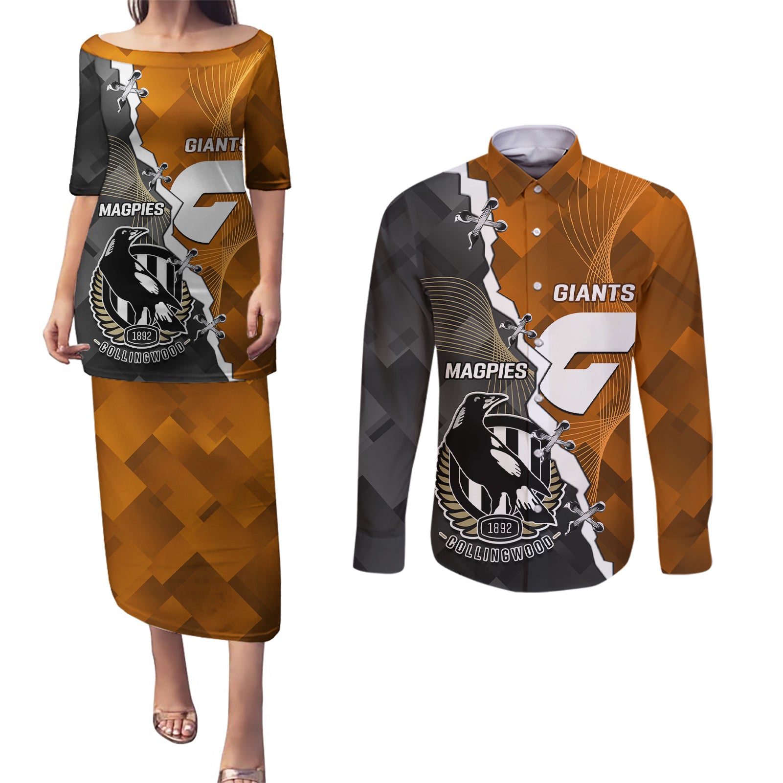 personalised-collingwood-and-giants-football-couples-matching-puletasi-dress-and-long-sleeve-button-shirts-2023-together-sporty-style