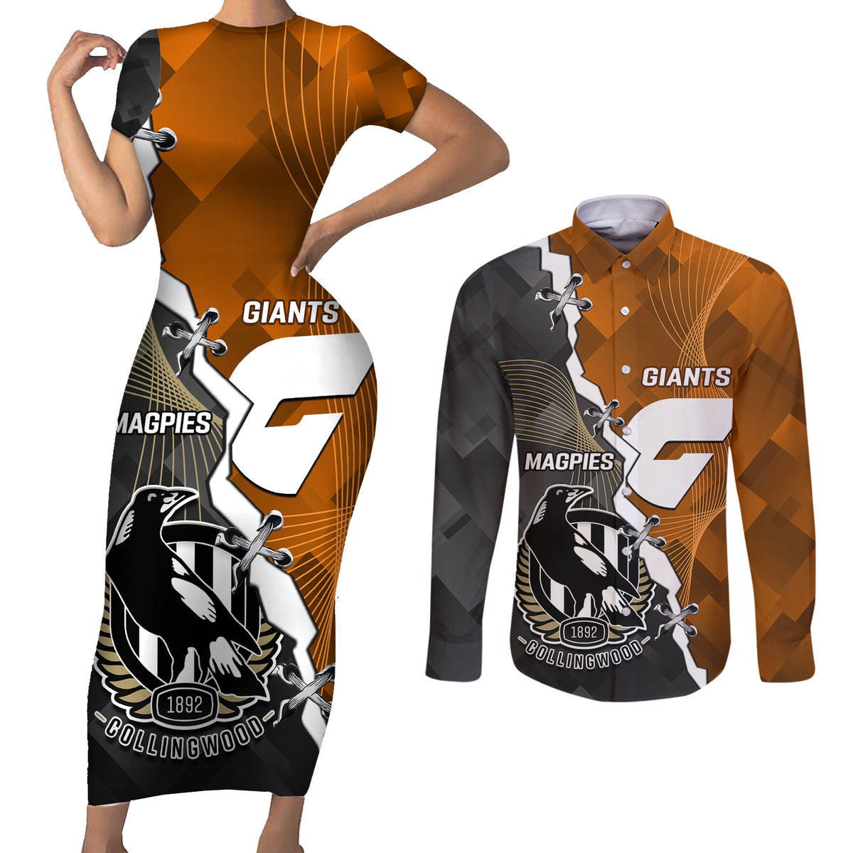 personalised-collingwood-and-giants-football-couples-matching-short-sleeve-bodycon-dress-and-long-sleeve-button-shirts-2023-together-sporty-style
