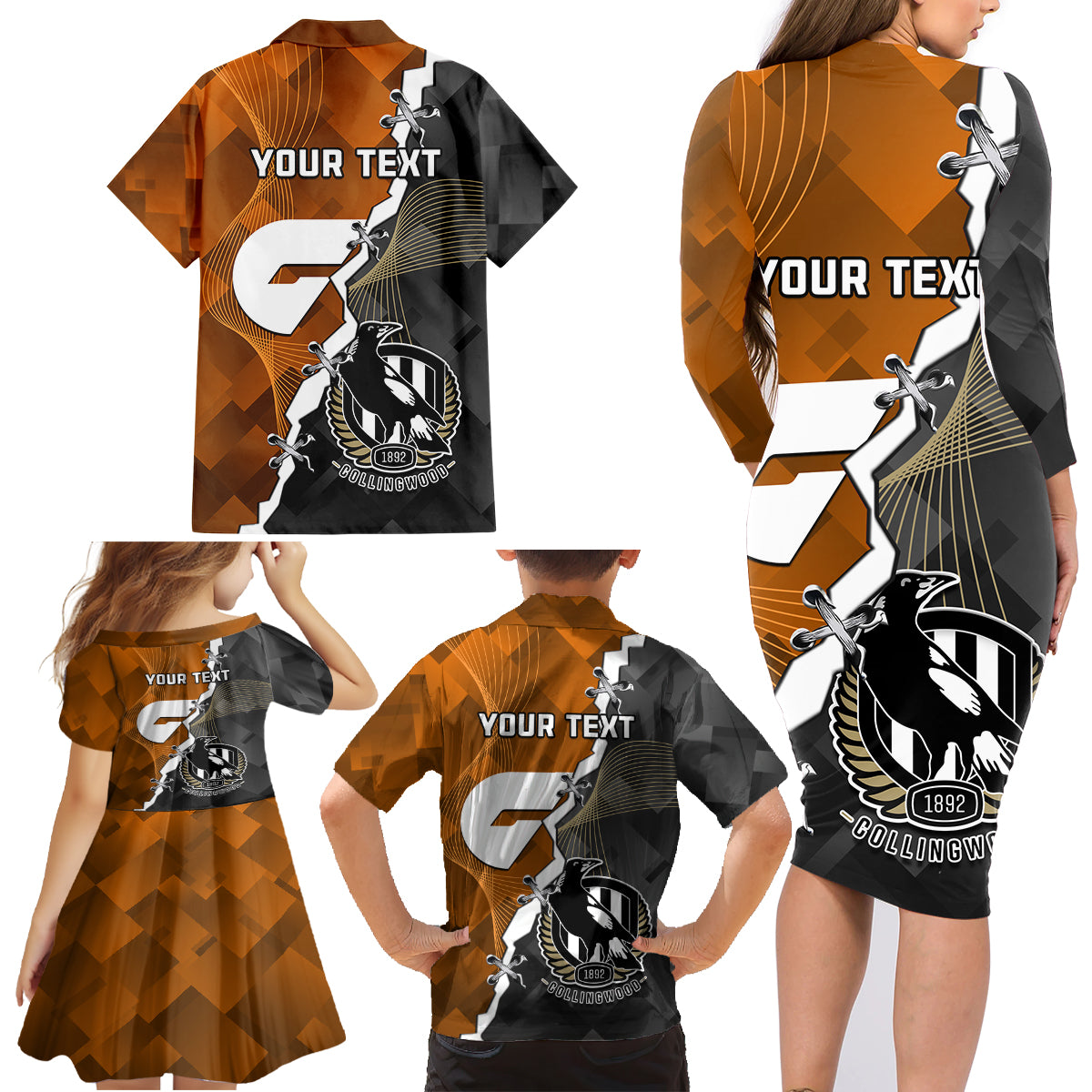 personalised-collingwood-and-giants-football-family-matching-long-sleeve-bodycon-dress-and-hawaiian-shirt-2023-together-sporty-style