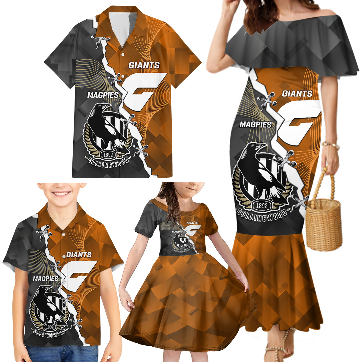 personalised-collingwood-and-giants-football-family-matching-mermaid-dress-and-hawaiian-shirt-2023-together-sporty-style
