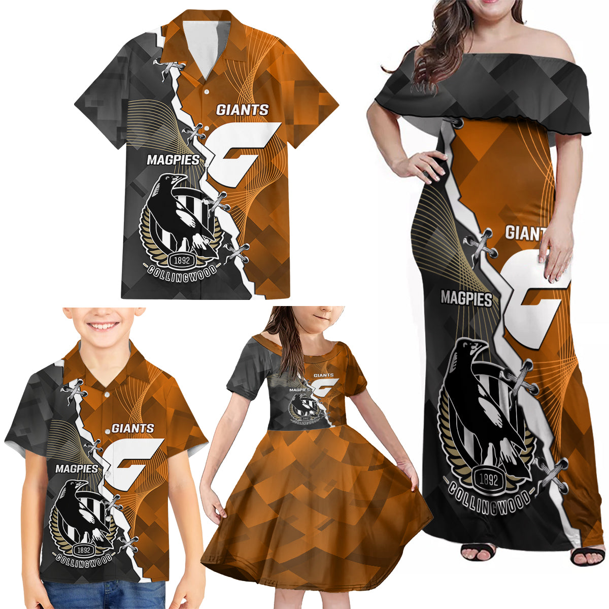 personalised-collingwood-and-giants-football-family-matching-off-shoulder-maxi-dress-and-hawaiian-shirt-2023-together-sporty-style