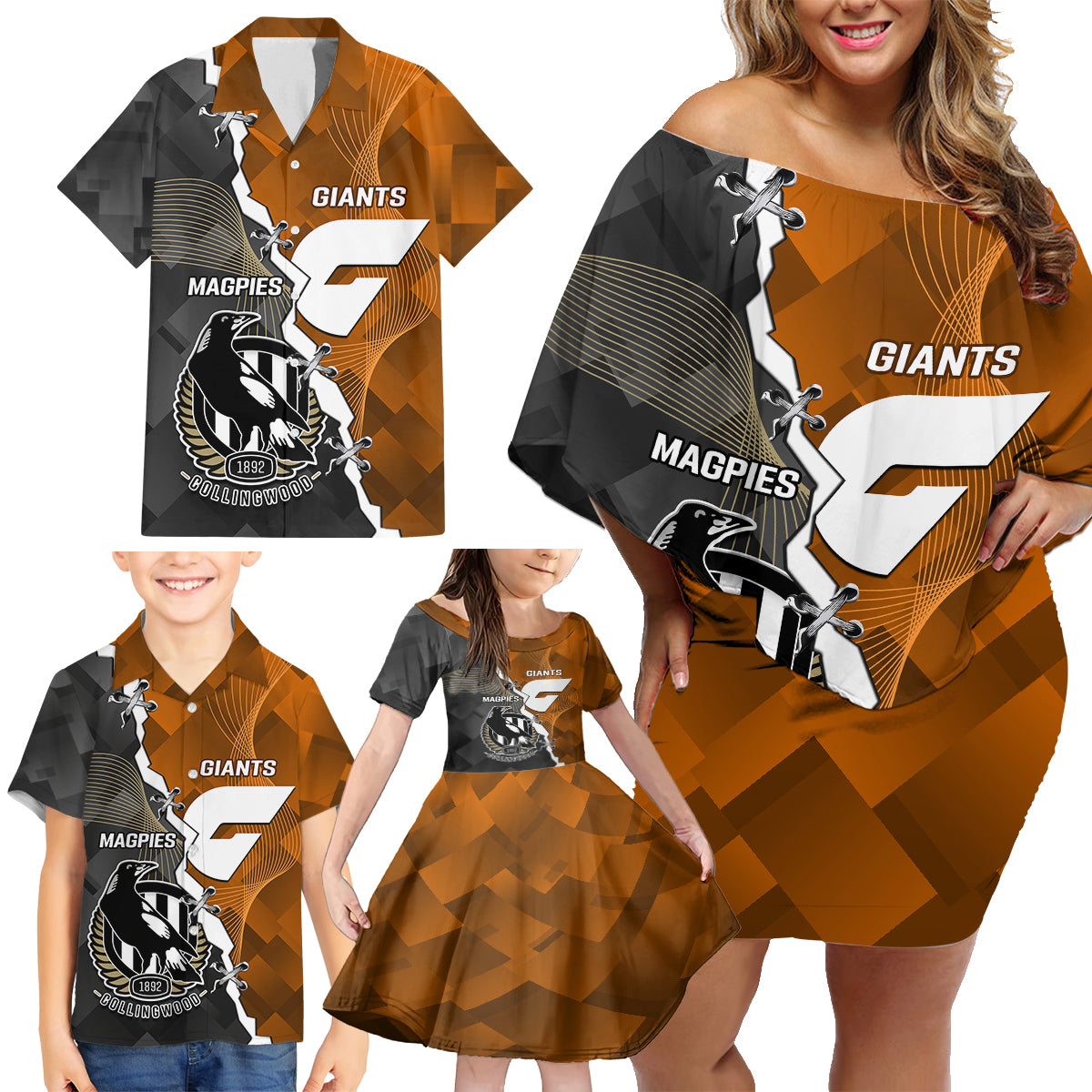 personalised-collingwood-and-giants-football-family-matching-off-shoulder-short-dress-and-hawaiian-shirt-2023-together-sporty-style