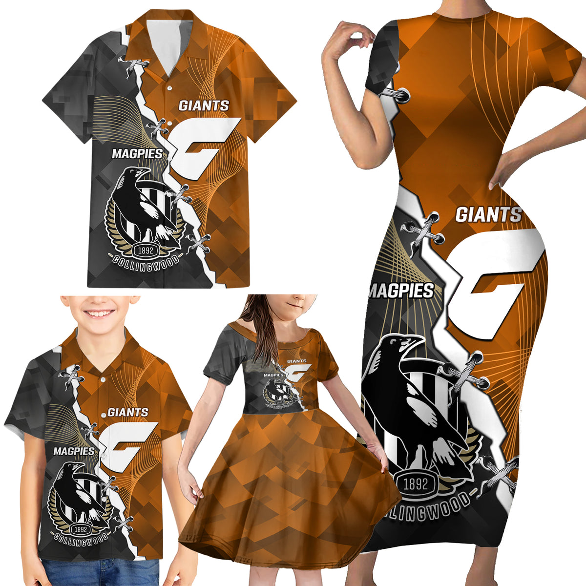personalised-collingwood-and-giants-football-family-matching-short-sleeve-bodycon-dress-and-hawaiian-shirt-2023-together-sporty-style