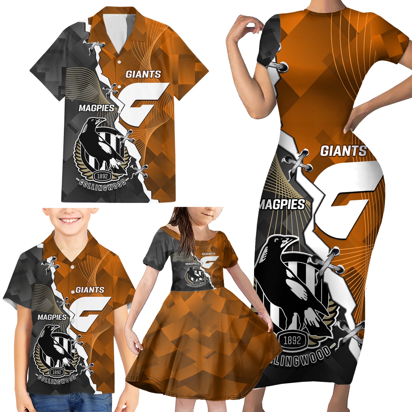 personalised-collingwood-and-giants-football-family-matching-short-sleeve-bodycon-dress-and-hawaiian-shirt-2023-together-sporty-style