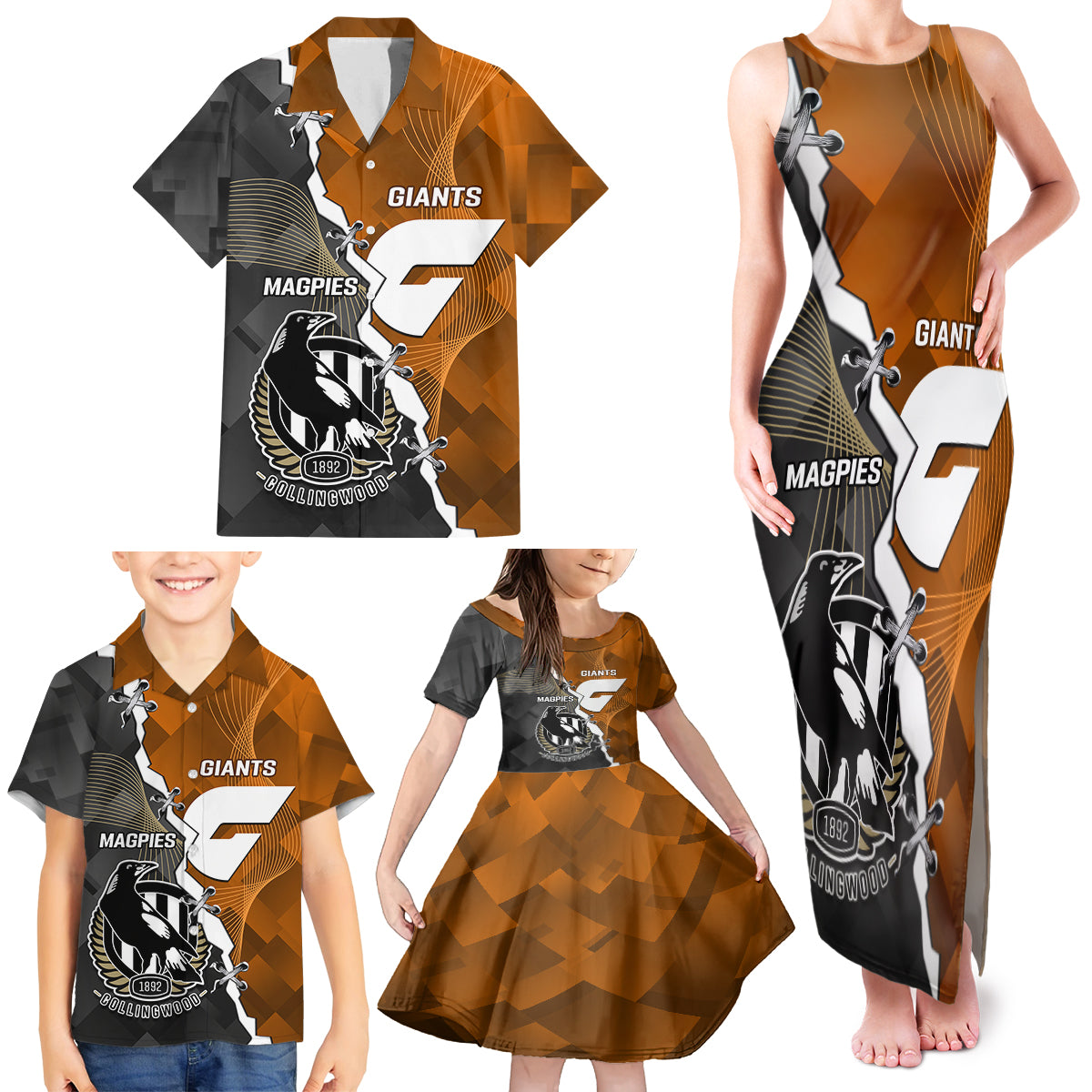 personalised-collingwood-and-giants-football-family-matching-tank-maxi-dress-and-hawaiian-shirt-2023-together-sporty-style