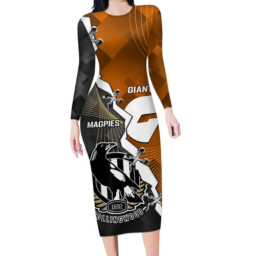personalised-collingwood-and-giants-football-long-sleeve-bodycon-dress-2023-together-sporty-style