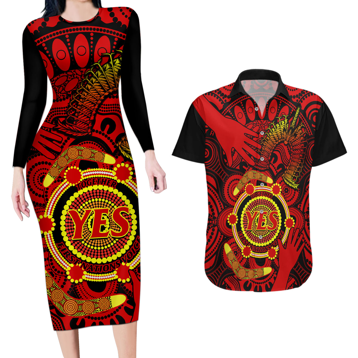 australia-walk-for-yes-couples-matching-long-sleeve-bodycon-dress-and-hawaiian-shirt-say-yes-to-australian-indigenous-voice