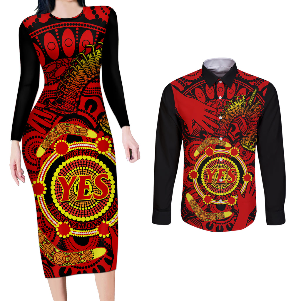 australia-walk-for-yes-couples-matching-long-sleeve-bodycon-dress-and-long-sleeve-button-shirts-say-yes-to-australian-indigenous-voice