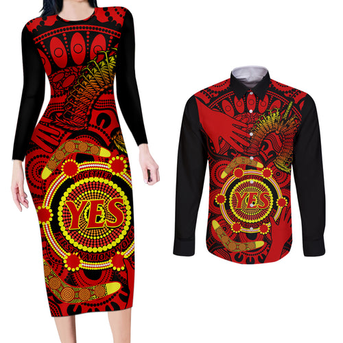 australia-walk-for-yes-couples-matching-long-sleeve-bodycon-dress-and-long-sleeve-button-shirts-say-yes-to-australian-indigenous-voice