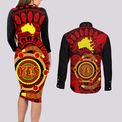 australia-walk-for-yes-couples-matching-long-sleeve-bodycon-dress-and-long-sleeve-button-shirts-say-yes-to-australian-indigenous-voice