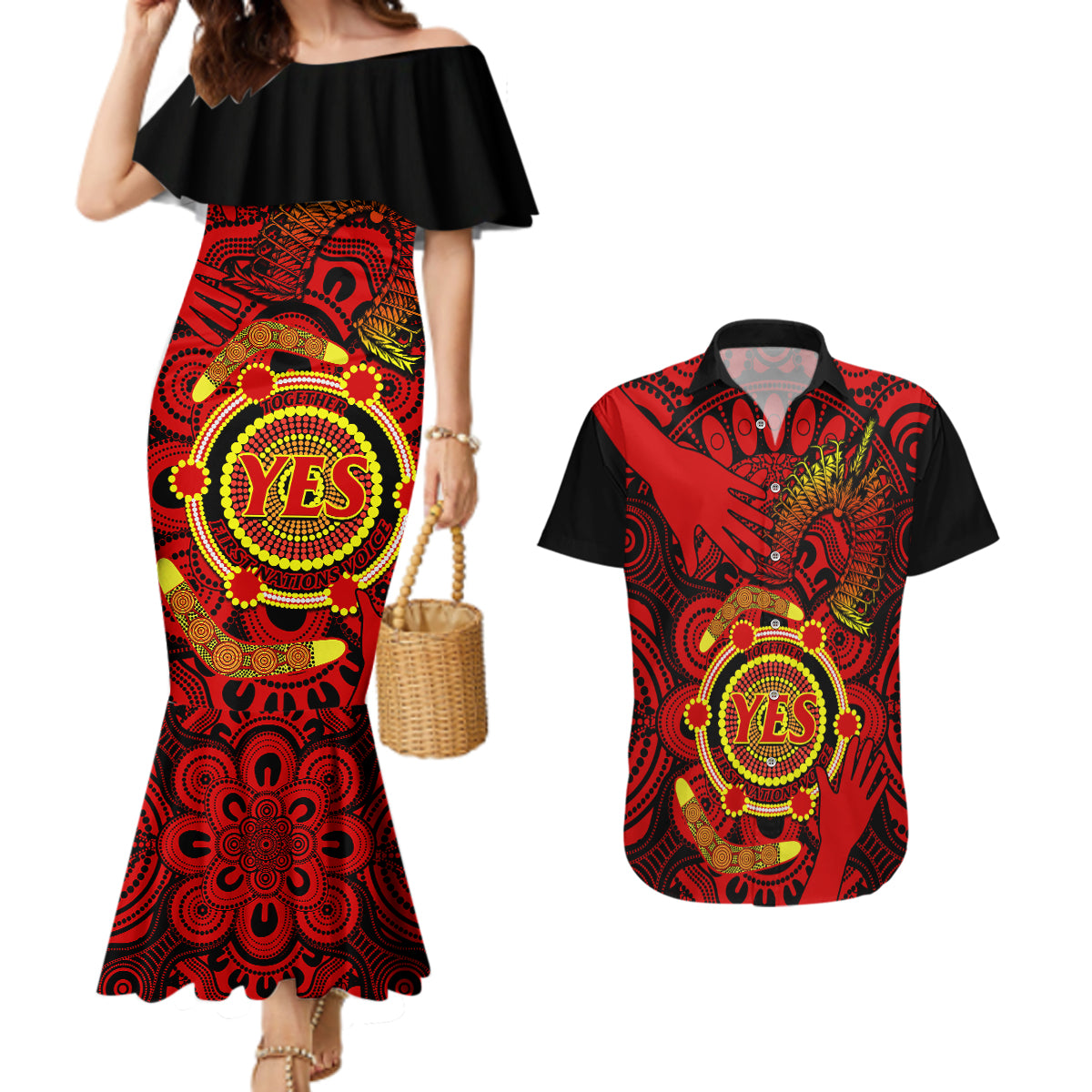 australia-walk-for-yes-couples-matching-mermaid-dress-and-hawaiian-shirt-say-yes-to-australian-indigenous-voice
