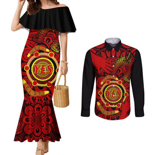 australia-walk-for-yes-couples-matching-mermaid-dress-and-long-sleeve-button-shirts-say-yes-to-australian-indigenous-voice