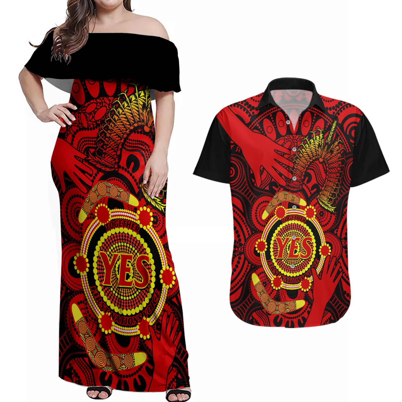 australia-walk-for-yes-couples-matching-off-shoulder-maxi-dress-and-hawaiian-shirt-say-yes-to-australian-indigenous-voice