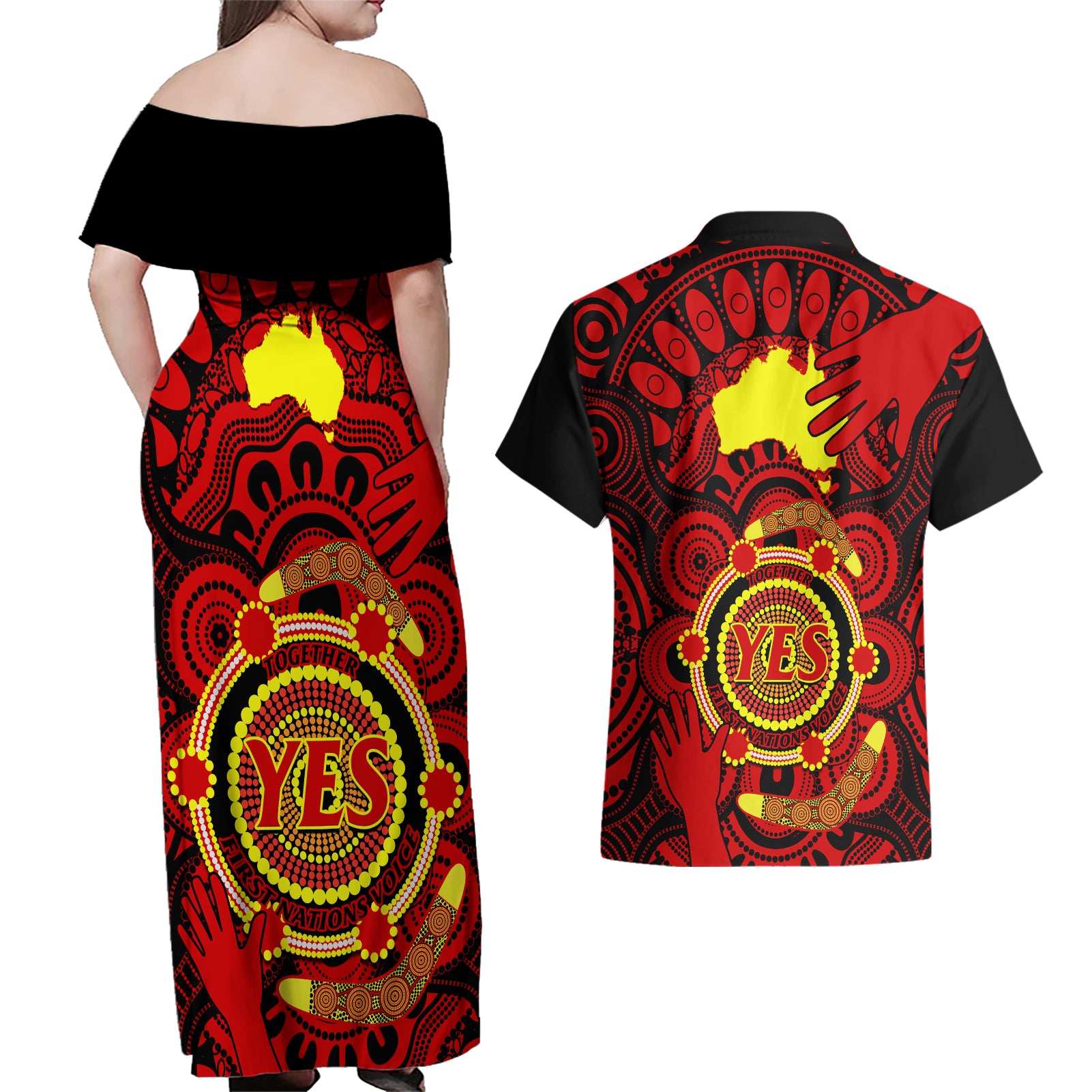 australia-walk-for-yes-couples-matching-off-shoulder-maxi-dress-and-hawaiian-shirt-say-yes-to-australian-indigenous-voice