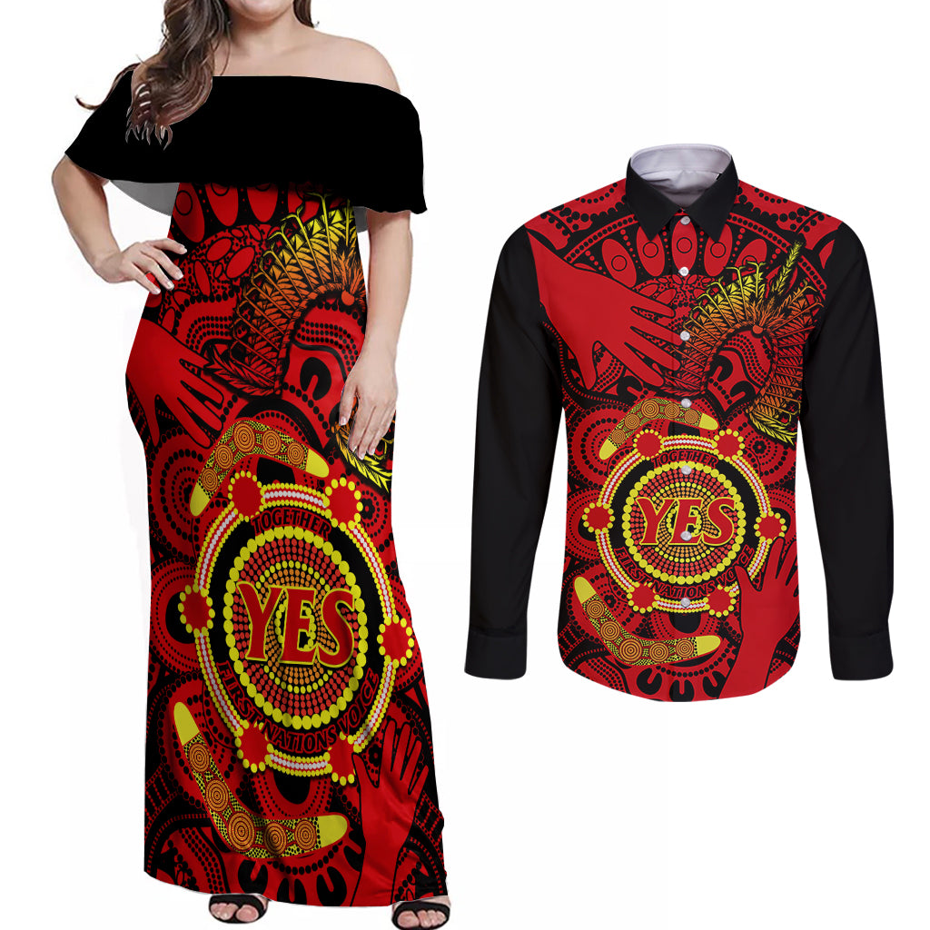 australia-walk-for-yes-couples-matching-off-shoulder-maxi-dress-and-long-sleeve-button-shirts-say-yes-to-australian-indigenous-voice
