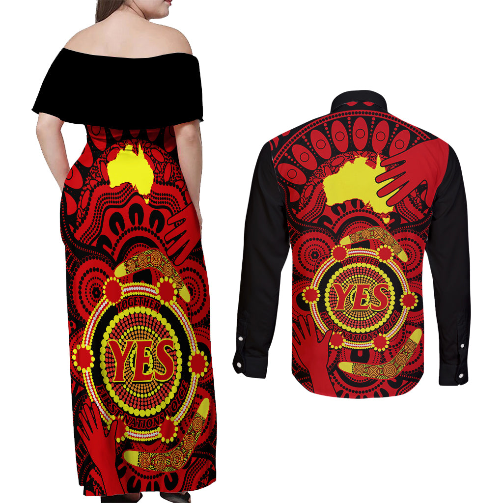 australia-walk-for-yes-couples-matching-off-shoulder-maxi-dress-and-long-sleeve-button-shirts-say-yes-to-australian-indigenous-voice