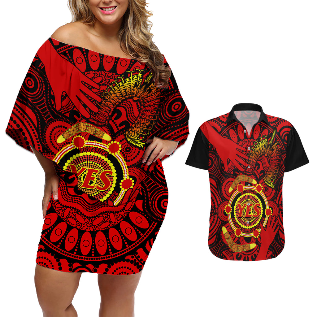 australia-walk-for-yes-couples-matching-off-shoulder-short-dress-and-hawaiian-shirt-say-yes-to-australian-indigenous-voice