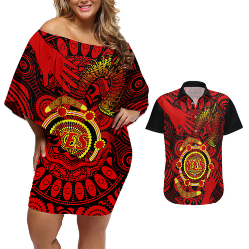 australia-walk-for-yes-couples-matching-off-shoulder-short-dress-and-hawaiian-shirt-say-yes-to-australian-indigenous-voice