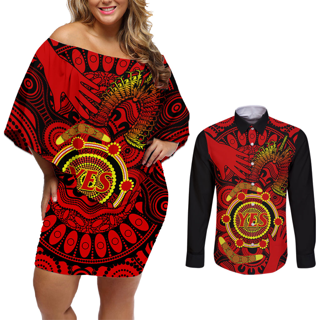 australia-walk-for-yes-couples-matching-off-shoulder-short-dress-and-long-sleeve-button-shirts-say-yes-to-australian-indigenous-voice