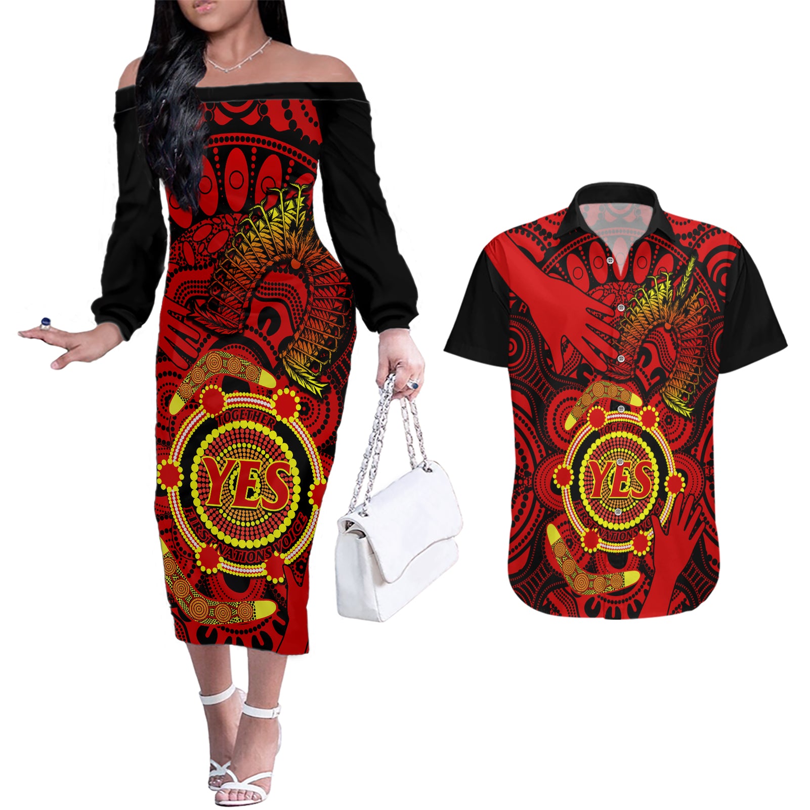 australia-walk-for-yes-couples-matching-off-the-shoulder-long-sleeve-dress-and-hawaiian-shirt-say-yes-to-australian-indigenous-voice