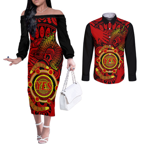 australia-walk-for-yes-couples-matching-off-the-shoulder-long-sleeve-dress-and-long-sleeve-button-shirts-say-yes-to-australian-indigenous-voice