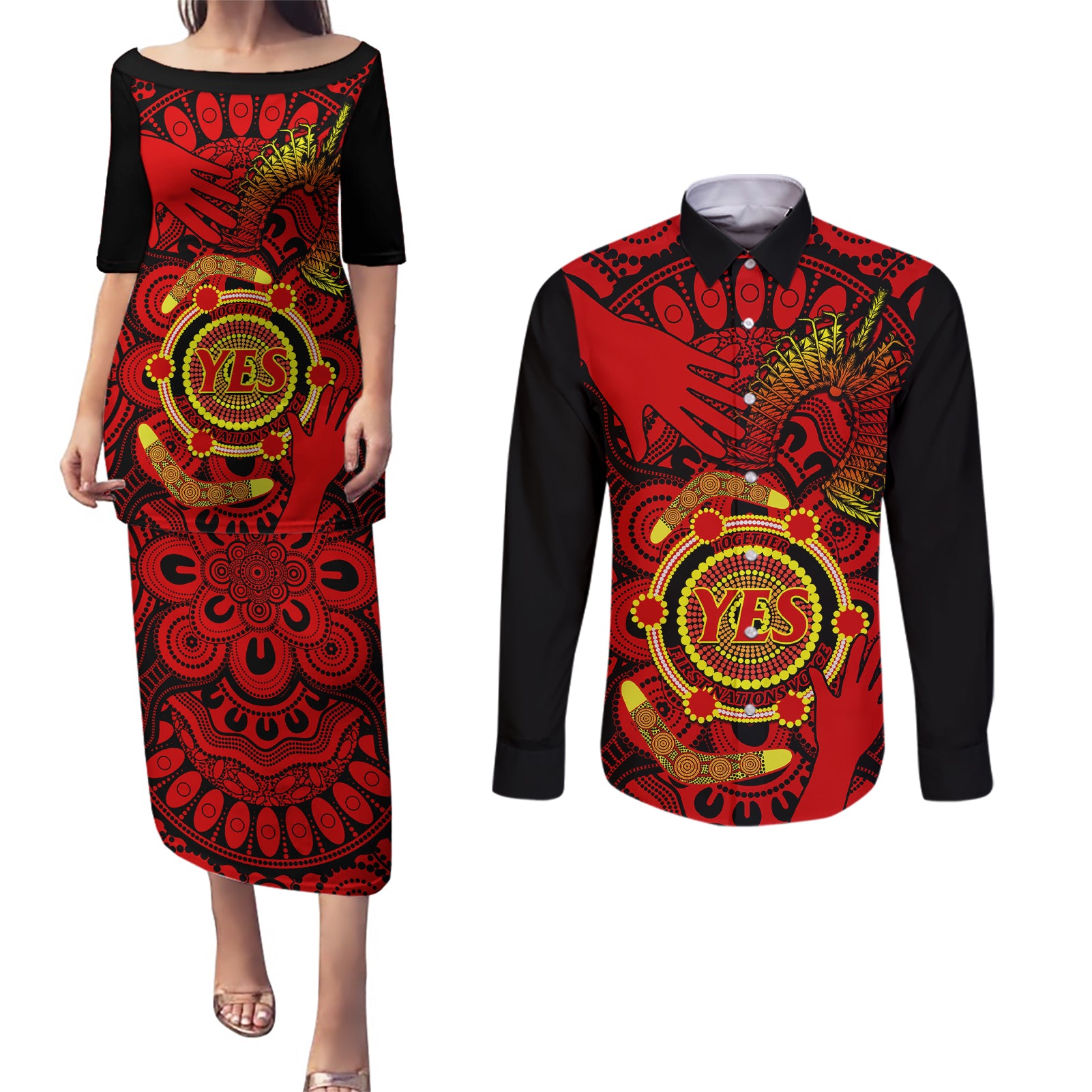 australia-walk-for-yes-couples-matching-puletasi-dress-and-long-sleeve-button-shirts-say-yes-to-australian-indigenous-voice