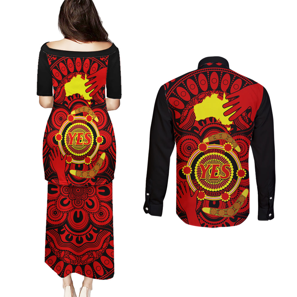 australia-walk-for-yes-couples-matching-puletasi-dress-and-long-sleeve-button-shirts-say-yes-to-australian-indigenous-voice
