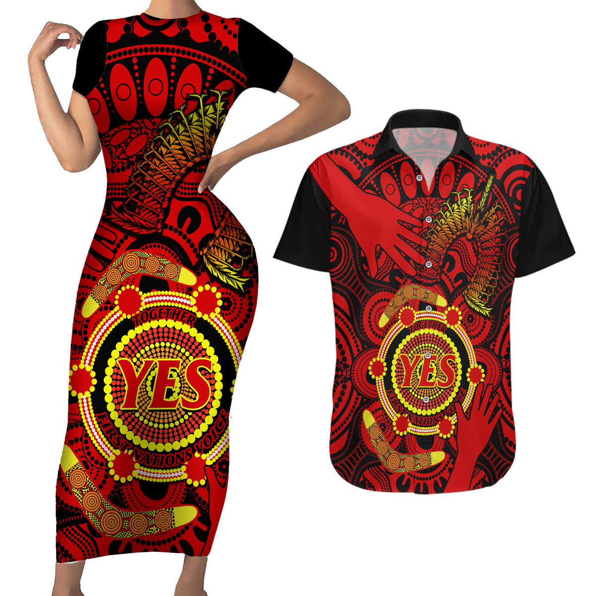 australia-walk-for-yes-couples-matching-short-sleeve-bodycon-dress-and-hawaiian-shirt-say-yes-to-australian-indigenous-voice