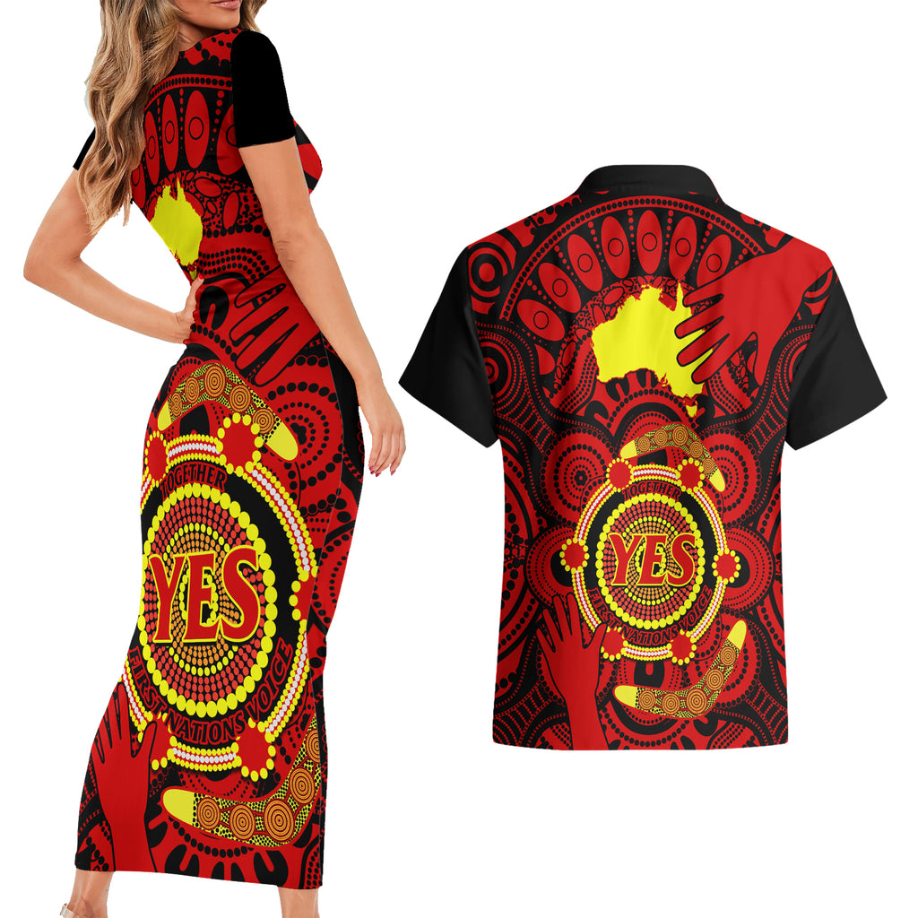 australia-walk-for-yes-couples-matching-short-sleeve-bodycon-dress-and-hawaiian-shirt-say-yes-to-australian-indigenous-voice
