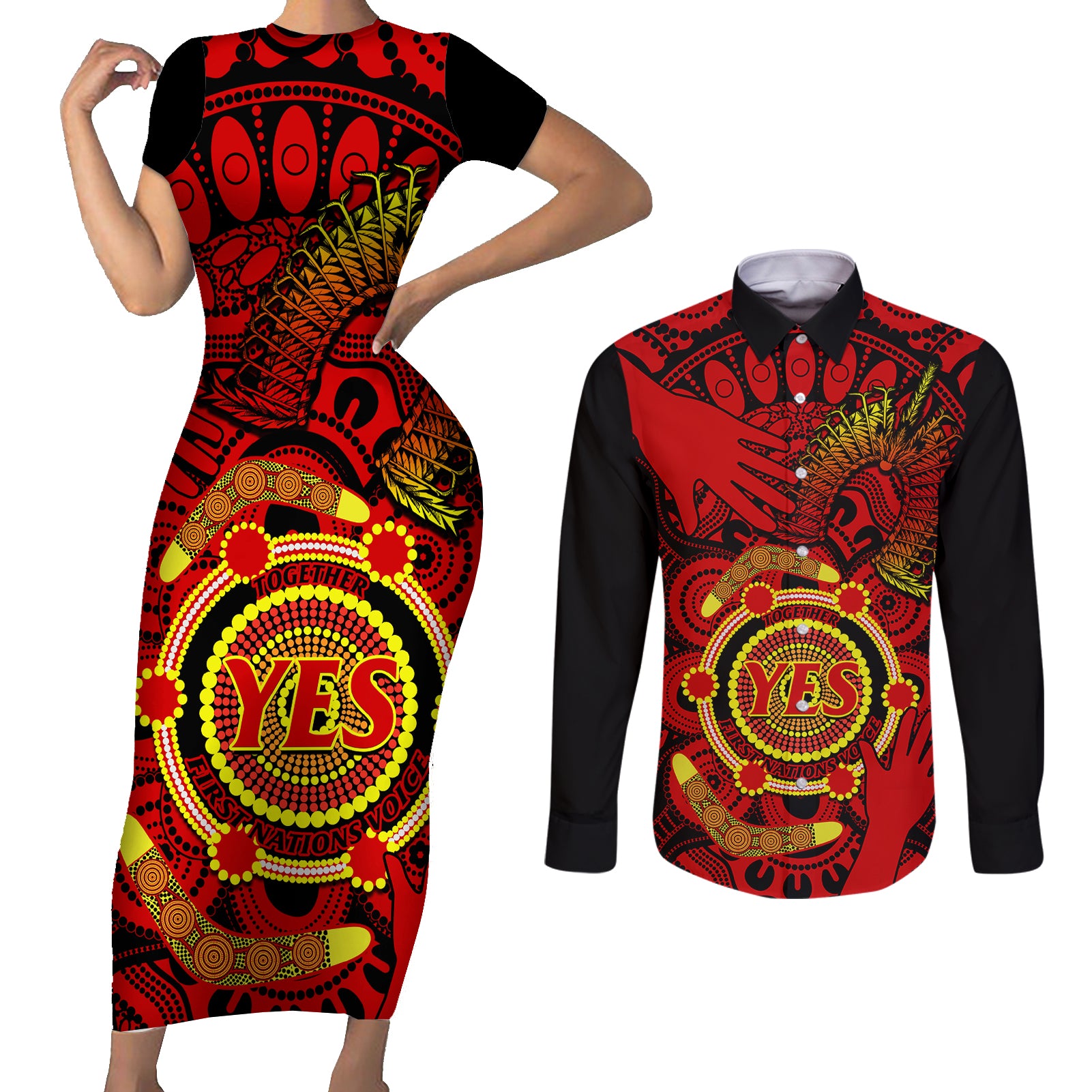 australia-walk-for-yes-couples-matching-short-sleeve-bodycon-dress-and-long-sleeve-button-shirts-say-yes-to-australian-indigenous-voice
