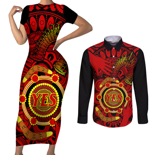 australia-walk-for-yes-couples-matching-short-sleeve-bodycon-dress-and-long-sleeve-button-shirts-say-yes-to-australian-indigenous-voice